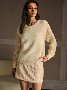 MOTF PREMIUM SUÉTER ROMÁNTICO CON BORDADO DE LENTEJUELAS Y PARCHES EN LAS MANGAS, ADECUADO PARA CITAS DE OTOÑO/INVIERNO - Beis - Ver 5