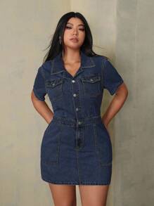SHEIN Tall CURVE Plus Size Women's Short Sleeve Button Half Placket Pocket Design Casual Denim Dress