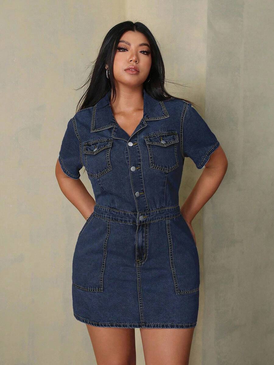 SHEIN Tall CURVE Plus Size Women's Short Sleeve Button Half Placket Pocket Design Casual Denim Dress