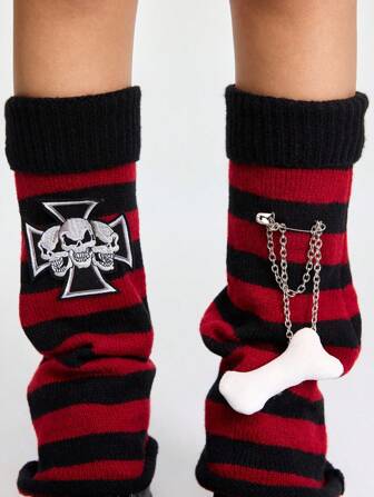 Grunge Punk 1 par de calentadores de piernas a rayas cálidos de estilo Y2K para mujeres, adecuados para combinar con faldas cortas