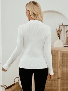EMERY ROSE Cárdigan de mujer casual y versátil de color blanco con contraste, cárdigan de cuello en V, cárdigan acanalado, cárdigan casual de negocios para otoño, invierno y otoño con abotonadura - Blanco - Ver 2