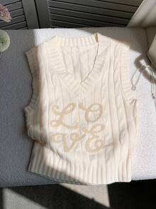 女式字母刺绣麻花V领休闲针织背心，秋季女装女式麻花针织背心 - 杏色 - 查看 5