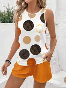 SHEIN LUNE Bộ 2 áo ba lỗ cổ tròn họa tiết chấm bi thường ngày cho nữ và quần short, phù hợp cho mùa hè - Nhiều màu - Xem 2