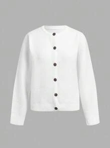 SHEIN BASICS 女士圆领白色开衫，6 粒扣，休闲百搭，柔软舒适，适合秋冬，适合搭配，适合机场、街头和返校，适合学校的上衣 - 白色 - 查看 6