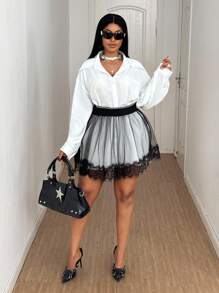 Maweii 大码衬衫和网眼裙两件套 - 黑與白 - 查看 3