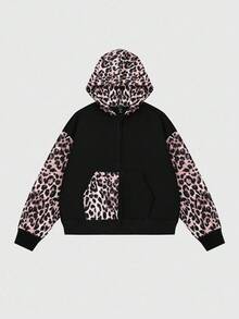 ROMWE MEN Street Life Men's Leopard Print Patchwork Loose Sweatshirt , Fall - Multicolor - View 6