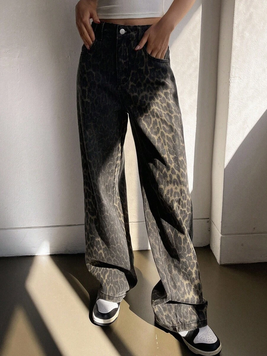 Livesso Women's Fall Leopard Print Relaxed Casual Street Style Loose Fit Jeans, Tall Women - Brown - View 1