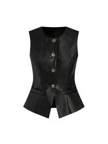 Ellevyn 女士秋季西装 PU 皮革黑色机车夹克背心 女士机场装 女士教师装 商务休闲女装皮革上衣 商务休闲派对女装 旧款秋季女装上衣带衬里黑色 PU 秋季衬衫夹克 金属纽扣衬衫 商务休闲女装 商务职业女性 冬季夹克 返校女装教师装 - 黑色 - 查看 6