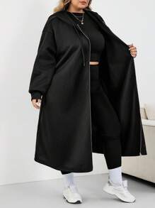 SHEIN CURVE+ Plus Size Women Long Hooded Jacket Coat, Suitable For Autumn/Winterfall Clothes For Women,Winter,CURVE PLUS Black Hooded Coat/Autumn /Winter - Black - View 10