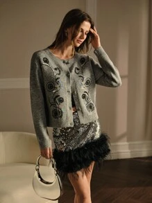 MOTF PREMIUM CARDIGAN CONTRASTÉ À SEQUINS BRODÉS