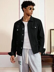SWAVVY Men's Long Sleeve Distressed Single-Breasted Casual Denim Jacket, Emo Style - Black - View 5