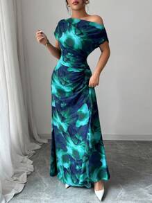 Elenzga Women's Contrast Color Floral Print Asymmetrical Neck + Waist Ruched Dress - Green - View 4