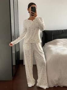 DAZY Ditsy Floral Lace Trim Patchwork Women Pajama Set, Fall Clothes - Beige - View 1