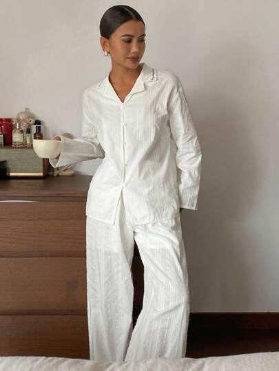 DAZY Striped & Polka Dot Textured Fabric Contrast Color Embroidery Decor Elegant Women Pajama Set, Fall Winter Clothes