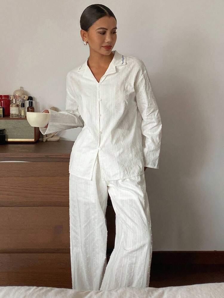 Striped & Polka Dot Textured Fabric Contrast Color Embroidery Decor Elegant Women Pajama Set, Fall Winter Clothes