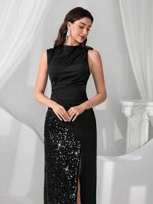 Coutiva 奢华亮片拼布礼服，高端优雅派对礼服，精致淑女 - 黑色 - 查看 4