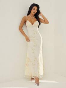 SHEIN PETITE Women's Sexy Elegant Deep V Ruched Bust Embroidered Fitted Waist Romantic Embroidered Dress Gold Long Dress Champagne Dress Low Cut Dress Goddess Dress Dress With Built In Bra - Apricot - View 3