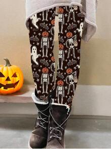 INAWLY Leggings femininas com estampa de esqueleto e fantasma para Halloween - Multicolorido - Ver 1