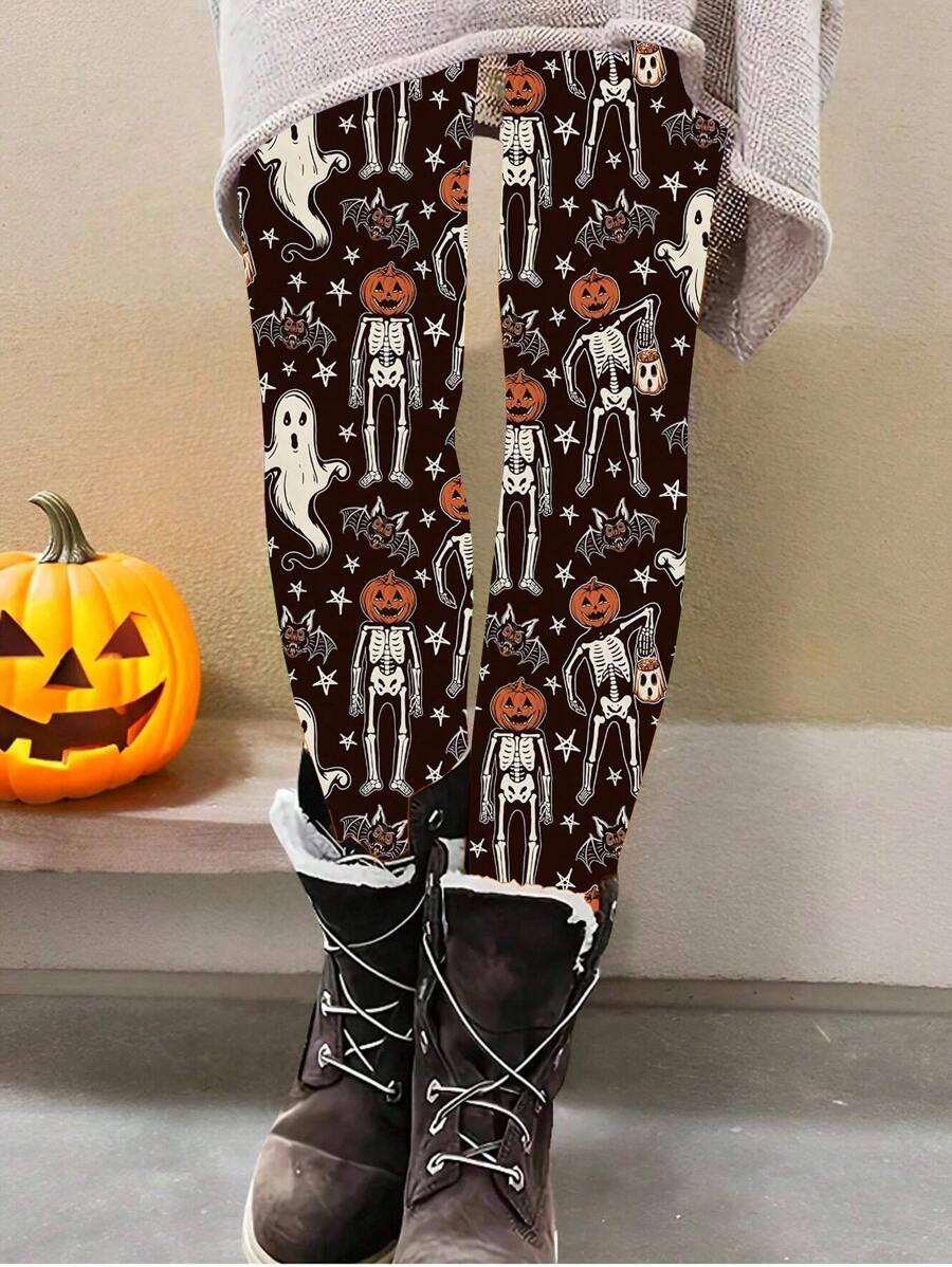 INAWLY Leggings femininas com estampa de esqueleto e fantasma para Halloween - Multicolorido - Ver 1