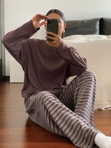 DAZY 纯色T恤上衣搭配宽松长裤，女士睡衣家居服套装，秋冬装，舒适休闲装 - 咖啡棕 - 查看 3