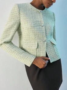 Maija 女士绿色粗花呢衬衫领短款宽松都市时尚休闲夹克 - 綠色 - 查看 6