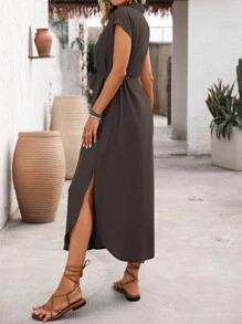 EMERY ROSE 女式纯色度假休闲通勤衬衫裙，有领，前中开口，左胸口袋，宽松版型，腰部系带蝴蝶结，侧开衩下摆，蝙蝠袖，超长款，春夏 - 棕色 - 查看 2