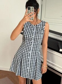 Chiquease Women's Woven Plaid Ruched A-Line Mini Dress Summer Dress Breezy Checks Season Clothes For University - Black and White - View 6