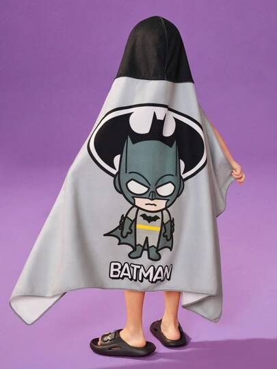 BATMAN X SHEIN 2-6 Years Old Cute Cartoon Hero Gray Hooded Bath Towel, Super Absorbent Microfiber, Warm & Lint-Free, Suitable For Bathing, Swimming, Beach, Bathroom