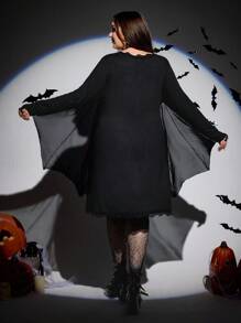 SHEIN CURVE+ Váy dơi tay cánh dơi phối ren phong cách Halloween Punk cỡ lớn dành cho nữ, váy Goth màu đen cỡ lớn, váy phù thủy/Mùa thu/Mùa đông - màu đen - Xem 2