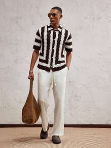 AKNOTIC Men's Hollow Out Design Striped Single-Breasted Loose Casual Knit Top - Multicolor - View 2