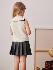 PrepCrw Young Girls' Sleeveless Knitted Vest With Navy Collar Girls Uniform Dress Toddler Girl School Uniform Girls School Clothes Kids Pleated Skirt Sets Girls Sailor Top,In Fall/Winter - Multicolor - View 2