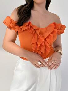 Auralis Combinaison pour femmes grande taille, vêtements grande taille mignons orange, combinaison décontractée style Ins Y2k, hauts mignons pour femmes, Top épaules dénudées, Top épaules dénudées