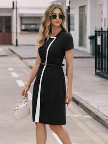 EMERY ROSE Women Contrast Color Round Neck Short Sleeve Casual Commute Dress - Black - View 5