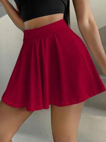 Zolique 女士休闲纯色手机口袋运动短裙 - 酒紅色 - 查看 3