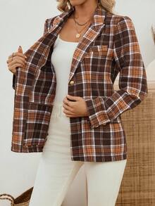 EMERY ROSE Women's Shoulder Padded Long Sleeve Brown Plaid Lapel Single-Breasted Blazer,Summer Business Casual Office Jacket,Back-To-School Fashion Suit Jacket - Brown - View 10