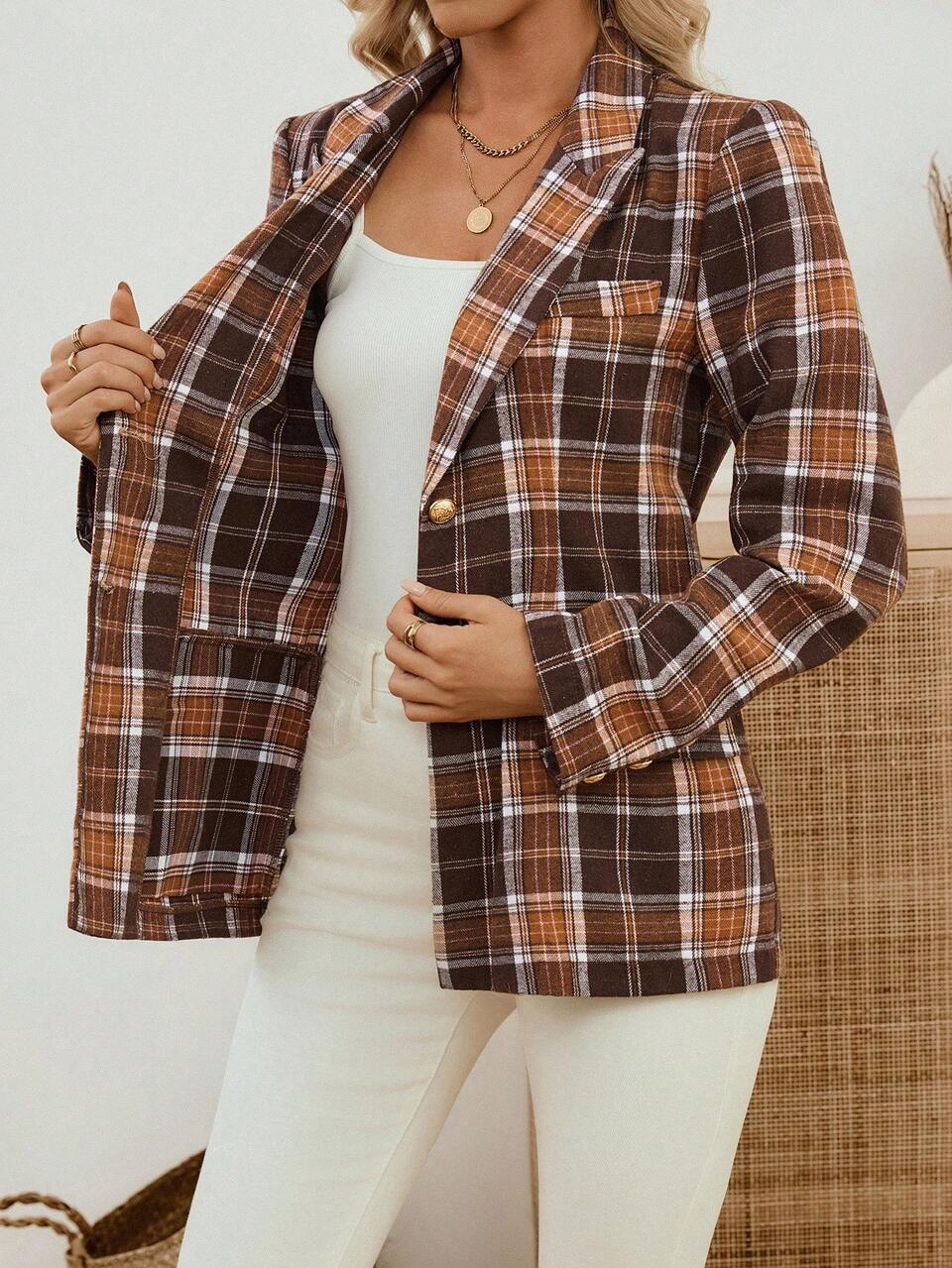 Women's Shoulder Padded Long Sleeve Brown Plaid Lapel Single-Breasted Blazer,Summer Business Casual Office Jacket,Back-To-School Fashion Suit Jacket