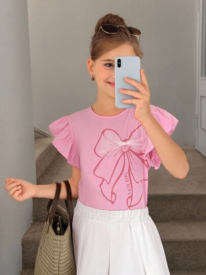 قميص تي شيرت مطبوع بتصميم الشبكة والوشاح المناسب للفتيات المراهقات في الصيف