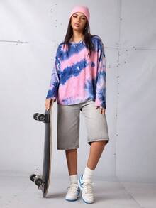 SHEIN Sports Women's Tie-Dye Loose Fit Drop Shoulder Long Sleeve T-Shirt, Comfortable Sports Wear