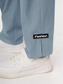 SHEIN Tween Boy 字母图案开衩设计宽松休闲裤 - 霧霾藍 - 查看 3