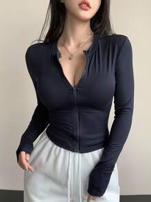 DAZY 女式圆领休闲街头风格修身短款夹克 - 藏蓝色 - 查看 1