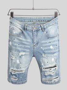 Manfinity LEGND 男士浅蓝色休闲做旧口袋牛仔短裤，Emo 风格 - 淺色水洗藍 - 查看 1