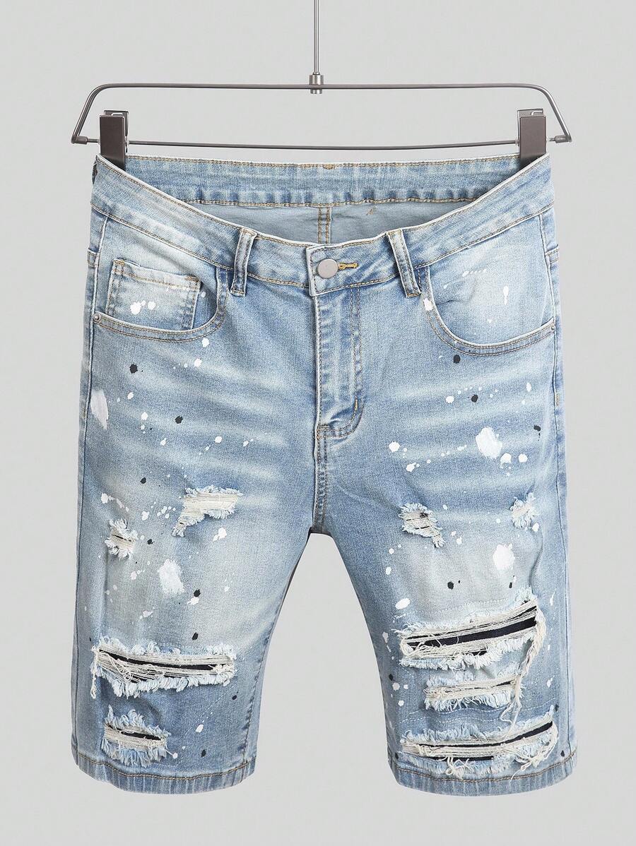 Manfinity LEGND 男士浅蓝色休闲做旧口袋牛仔短裤，Emo 风格 - 淺色水洗藍 - 查看 1