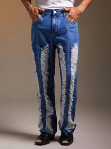 FeverCity Men's Casual Distressed Frayed Pocket Denim Jeans, Emo Style - Blue - View 1