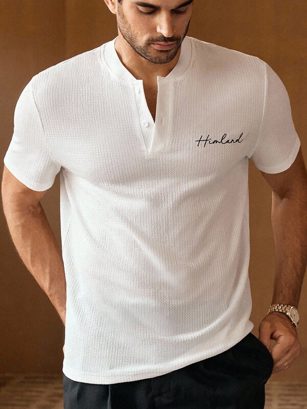 HIMLAND Men's Casual Knit Letter Embroidered Slim Fit Short Sleeve Polo Shirt