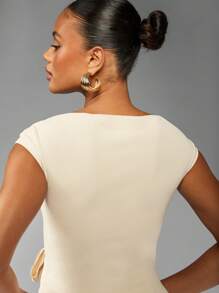 MISSGUIDED Elegant Cap Sleeve Wrap Top With Side Tie Bow Detail Asymmetric Front Summer Evening Casual Party Boat Neck Blouse