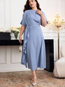 Modelyn Plus Size Women 3D Floral Decor Ruffle Hem Split Romantic Dress - Blue - View 4