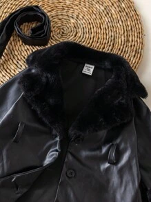 TaviRue Mommy And Me Matching Outfits(2 Pieces Are Sold Separately)Babygirl Cute Black PU Leather Jacket With Fleece Collar, Back To School,Autumn/Winter Fall - Black - View 10