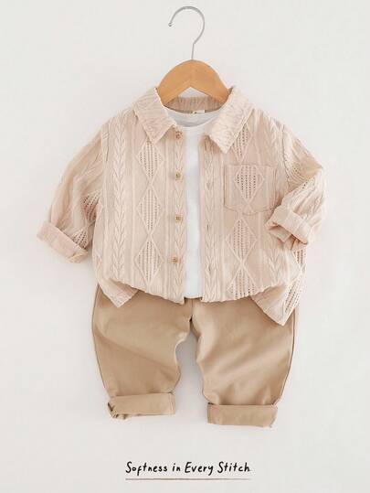 Cozy Pixies 男婴两件套：纯色翻领长袖开衫和松紧腰裤，米色男婴服装，摩卡色男婴服装，米色男婴服装，米色男婴套装，秋冬季休闲套装