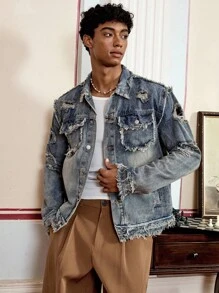SWAVVY Men's Fashion Washed Distressed Frayed Denim Jacket, Emo Style - Blue - View 1