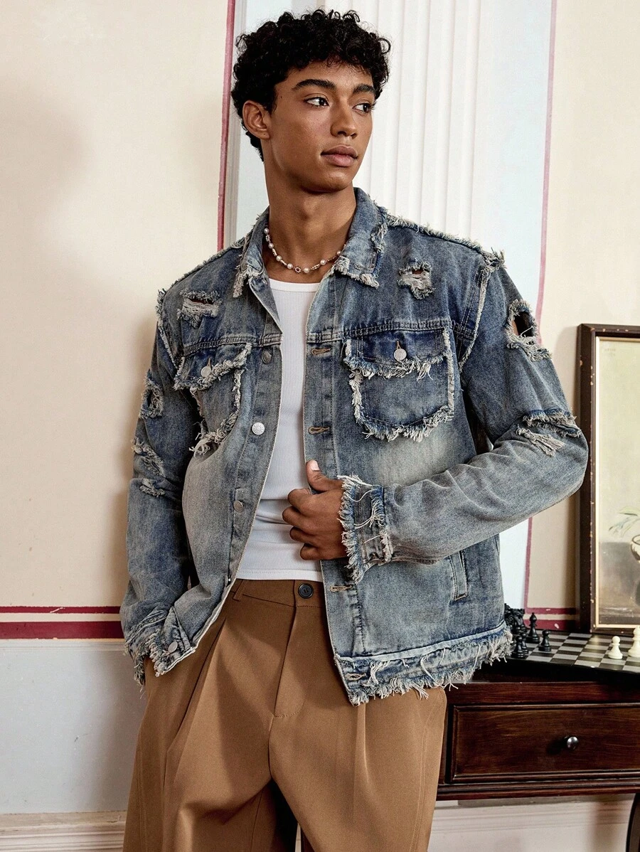 SWAVVY Men's Fashion Washed Distressed Frayed Denim Jacket, Emo Style - Blue - View 1